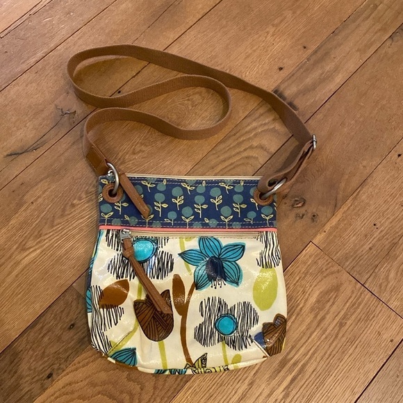 Fossil Key-Per Crossbody Bag Purse Coated Canvas BlueTeal Brown Lime Brown Cream - Picture 9 of 11